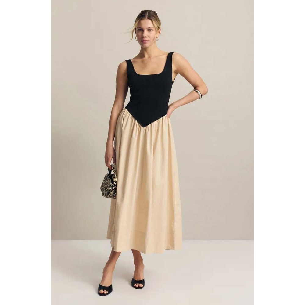 Ronny Kobo Verda Midi Dress Black Cream Drop Waist Combo Sleeveless Womens Sz M